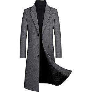 Men's Gray Winter Single-Breasted Quilted Trench Coat Long Sleeve Overcoat